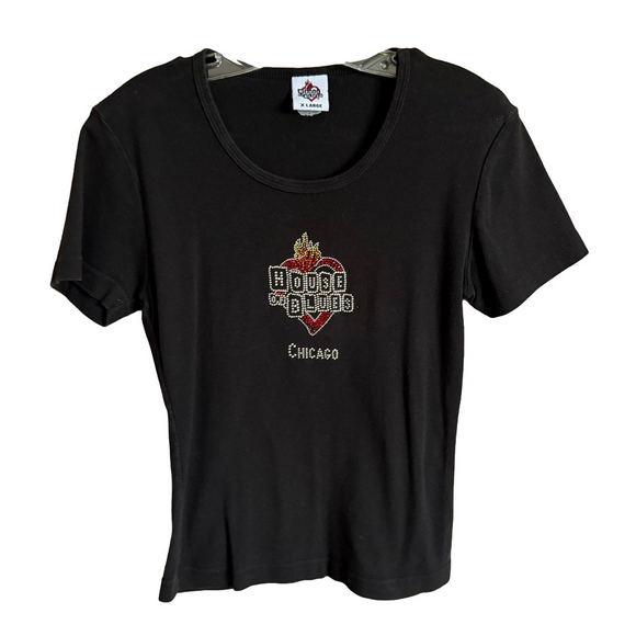 Vintage Tops - Vintage Y2K House of Blues Chicago Bejeweled Heart Shape Flame Baby Tee Size XL